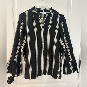 Calvin Klein Womens Black & White Striped Button Up Shirt Bell Sleeve Size Large